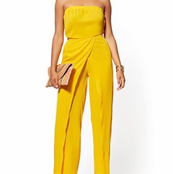 yellow strapless jumpsuit